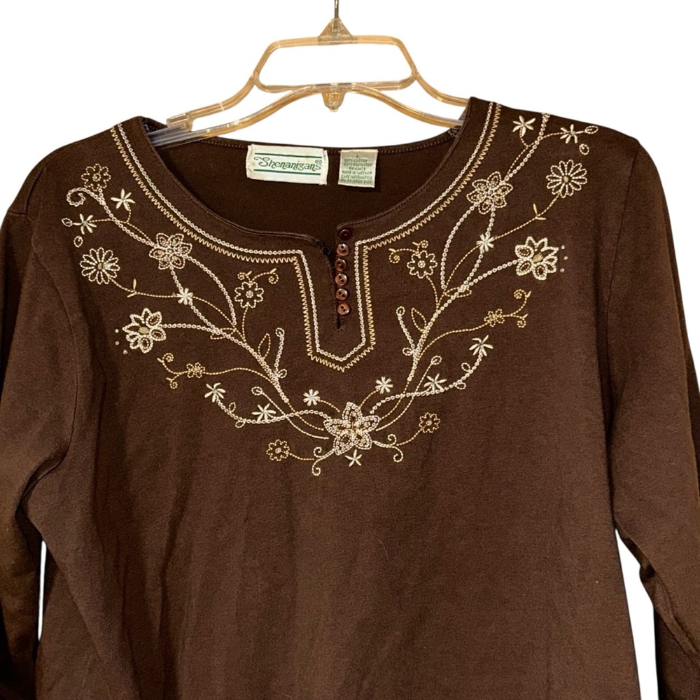 Shenanigans Brown‎ Embroidered Floral 3/4 Sleeve Knit Top Womens Large Boho - Picture 3 of 9